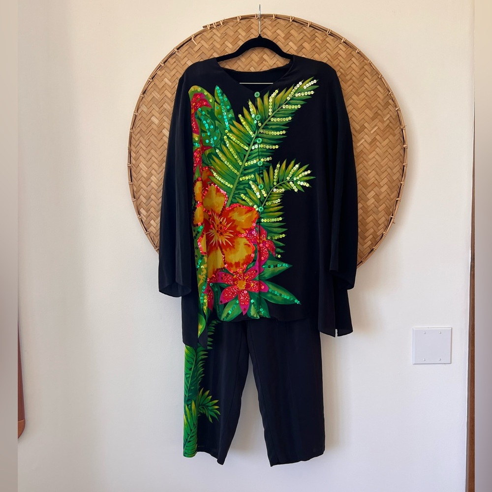 DIANE GILMAN 100% SILK TROPICAL PALMS RESORT-WEAR PANT SUIT W/ SEQUIN‎ DETAILING - Picture 10 of 14